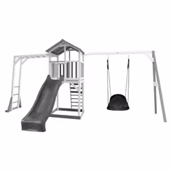 AXI Beach Tower with Climbing Frame and Roxy Nest Swing Grey/white - Toboggan Gris, Salle de jeux sur pilotis, 3 an(s), Tobog ...