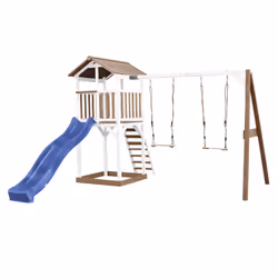 AXI Beach Tower with Double Swing Brown/White - Blue Slide, Salle de jeux sur pilotis, 3 an(s), Toboggan, Bleu, Marron, Blanc