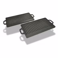 Notre ensemble de qualité de deux plateaux de barbecue/pizza réversibles en fonte fera la cuisine une expérience joyeuse!Chaq ...