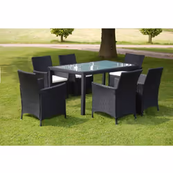 Cet ensemble de mobilier de jardin en rotin au design exquis comprend 1 table, 6 chaises et 6 coussins de siège amovibles et ...