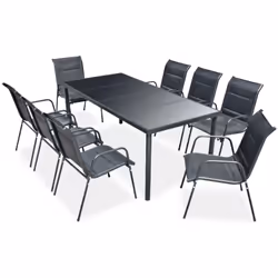Cet ensemble de salle à manger d'extérieur contient 1 table avec dessus de table en verre et 8 chaises en textilène. Avec un  ...