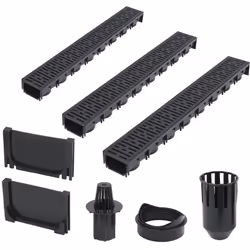 Cet ensemble complet se compose de 3 caniveaux de drainage avec grilles en plastique, 1 système de filtration, 1 raccord de s ...