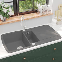 Vier de cuisine en granit Double bac Gris Vidaxl