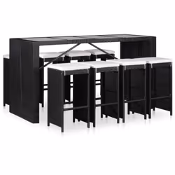 Cet ensemble de salle à manger d'extérieur en résine tressée, qui comprend 1 table de bar, 8 tabourets de bar et 8 coussins d ...