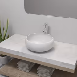 vidaXL Lavabo de salle de bain avec mitigeur Céramique Rond Blanc - TU