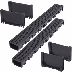 Cet ensemble complet se compose de 2 caniveaux de drainage (chacun avec grille en plastique) et de 4 capuchons d'extrémité. I ...