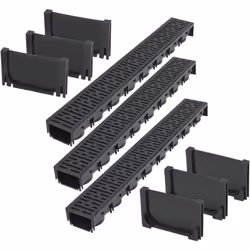 Cet ensemble complet se compose de 3 caniveaux de drainage (chacun avec grille en plastique) et de 6 capuchons d'extrémité. I ...