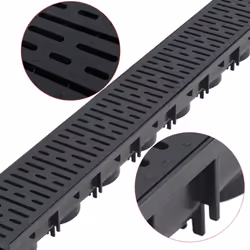 Cet ensemble complet se compose de 4 caniveaux de drainage (chacun avec grille en plastique) et de 8 capuchons d'extrémité. I ...