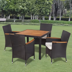 Ce mobilier de jardin en résine tressée a un design élégant et se compose d'une table, de 4 chaises et de 4 coussins de siège ...