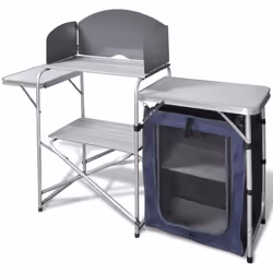 Cette unité de cuisine de camping pliable comprend un espace de cuisinière avec pare-vent, un grand plan de travail et un pla ...