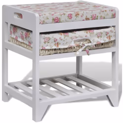 Ce banc de rangement en bois comprend un coussin de siège rembourré épais, un panier de rangement et un support à chaussures. ...