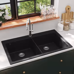 Cet évier contemporain, doté de 2 bacs profonds et arborant un design élégant et épuré, sera un ajout polyvalent à votre cuis ...
