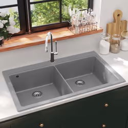 Cet évier contemporain, doté de 2 bacs profonds et arborant un design élégant et épuré, sera un ajout polyvalent à votre cuis ...