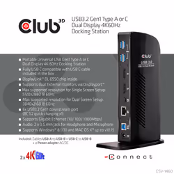 CLUB3D USB3.2 Gen1 Type A or C Dual Display 4K60Hz Docking Station DisplayLink® Certified - Vue supplémentaire 8