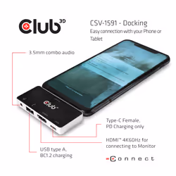 CLUB3D CSV-1591 station d'accueil USB 3.2 Gen 1 (3.1 Gen 1) Type-C Noir, Chrome