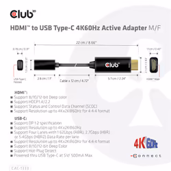 CLUB3D CAC-1333 câble vidéo et adaptateur 0,22 m HDMI Type A (Standard) USB Type-C Noir - Vue supplémentaire 4