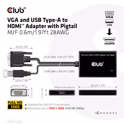 CLUB3D CAC-1720 câble vidéo et adaptateur 0,6 m HDMI Type A (Standard) VGA (D-Sub) + USB Noir
