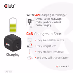 CLUB3D CAC-1909EU chargeur d'appareils mobiles Téléphone portable, Ordinateur portable, Smartphone Noir Secteur Intérieure