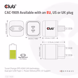 CLUB3D CAC-1909EU chargeur d'appareils mobiles Téléphone portable, Ordinateur portable, Smartphone Noir Secteur Intérieure - Vue supplémentaire 4