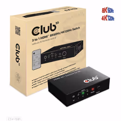 CLUB3D 3 to 1 HDMI 8K60Hz Switch, 7680 x 4320 pixels, 8K Ultra HD, Noir