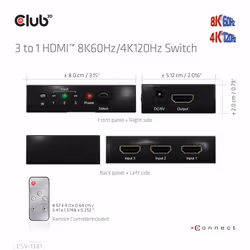 CLUB3D 3 to 1 HDMI 8K60Hz Switch commutateur écran, clavier et souris Noir - Vue supplémentaire 10