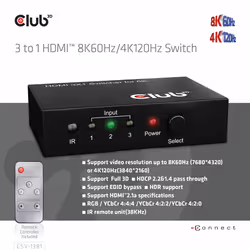 CLUB3D 3 to 1 HDMI 8K60Hz Switch commutateur écran, clavier et souris Noir - Vue supplémentaire 8