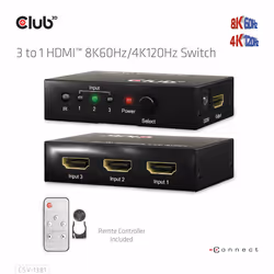 CLUB3D 3 to 1 HDMI 8K60Hz Switch commutateur écran, clavier et souris Noir - Vue supplémentaire 9