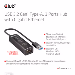 CLUB3D CSV-1430a Avec fil USB 3.2 Gen 1 (3.1 Gen 1) Type-A Noir - Vue supplémentaire 5