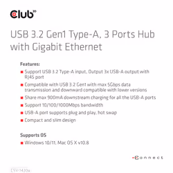 CLUB3D CSV-1430a Avec fil USB 3.2 Gen 1 (3.1 Gen 1) Type-A Noir - Vue supplémentaire 9