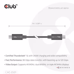 CLUB3D CAC-2501 Câble Thunderbolt 1 m 120 Gbit/s Noir - Vue supplémentaire 4