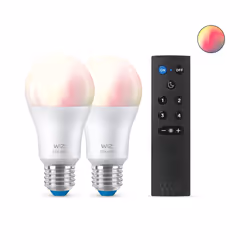 WiZ Ampoule 8 W (éq. 60 W) A60 E27 x2 + télécommande, Ampoule intelligente, Wi-Fi, Blanc, LED, E27, Blanc