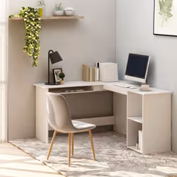 Ce bureau d'angle moderne en forme de L, conçu avec une section de clavier coulissante et 2 étagères ouvertes, est très prati ...