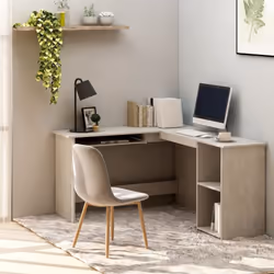 Ce bureau d'angle moderne en forme de L, conçu avec une section de clavier coulissante et 2 étagères ouvertes, est très prati ...