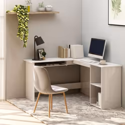 Ce bureau d'angle moderne en forme de L, conçu avec une section de clavier coulissante et 2 étagères ouvertes, est très prati ...