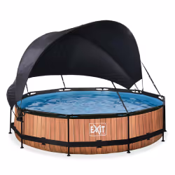 EXIT Piscine Wood ø360x76cm avec voile d'ombrage et pompe filtrante - marron, 6125 L, Piscine hors sol, Enfants et adultes, 5 ...