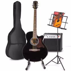 MAX ShowKit guitare électrique acoustique avec guitare et pupitre - Noir idéal pour débuter la guitare