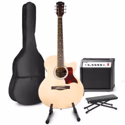 Guitare électrique acoustique MAX ShowKit avec amplificateur support de guitare et repose-pied - Bois