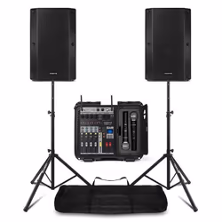 Pack Sono Complet avec Table de Mixage 2 Enceintes Passives Micros UHF Câbles - 1600 Watts Pied dEnceines 110 à 175 cm