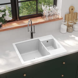 Vier de cuisine deux lavabos trou de trop-plein Blanc Granit Vidaxl