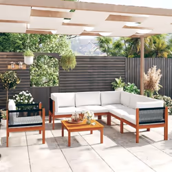 vidaXL Salon de jardin 7 pièces avec coussins, bois d'acacia crème et corde - TU