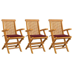 vidaXL Chaises de jardin avec coussins rouge bordeaux lot de 3 Teck - TU