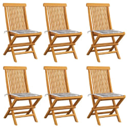 vidaXL Chaises de jardin coussins à carreaux gris lot de 6 Teck massif - TU