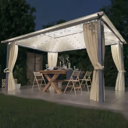 Cette tonnelle avec des rideaux présente un design classique et élégant qui conviendra parfaitement comme abri de parasol pou ...