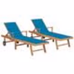 vidaXL Chaises longues lot de 2 avec coussin bleu Bois de teck solide - TU