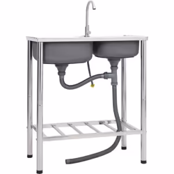 Cet évier de camping comporte deux lavabos avec un égouttoir et un robinet, ce qui en fait un choix parfait pour une utilisat ...