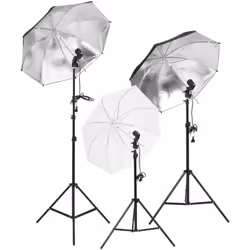 Cet ensemble de lampes de studio comprend 3 lampes de jour, 3 supports de lampe, 3 trépieds et 3 parapluies (1 x blanc, 2 x a ...