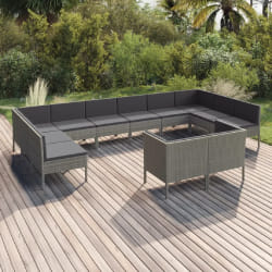 vidaXL Salon de jardin 12 pcs avec coussins Résine tressée Gris - TU