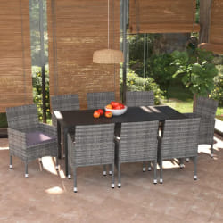 vidaXL Ensemble à manger de jardin et coussins 9 pcs Poly rotin Gris - TU