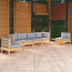 vidaXL Salon de jardin 6 pcs avec coussins - Gris Bois de pin massif