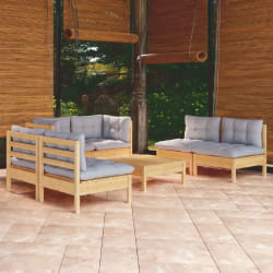 vidaXL Salon de jardin 7 pièces - Bois de pin gris